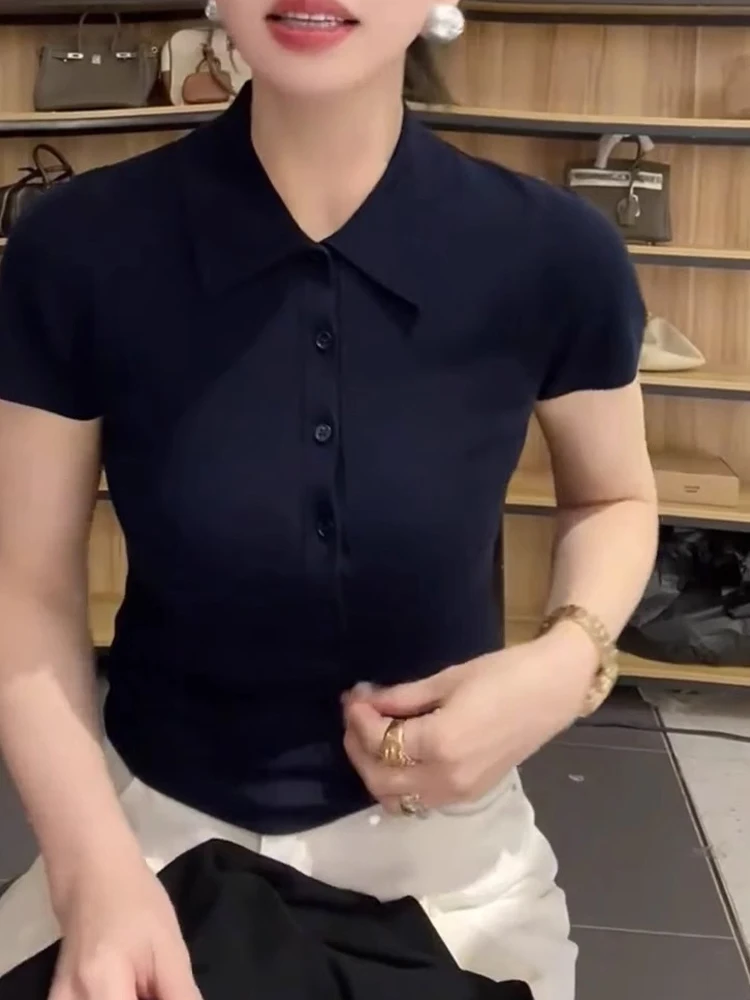 

Korean Sle Ice Silk Ne Knitted ort Sve Top Faionable Summer Slimming Women's T-irt Comfortable Breathable