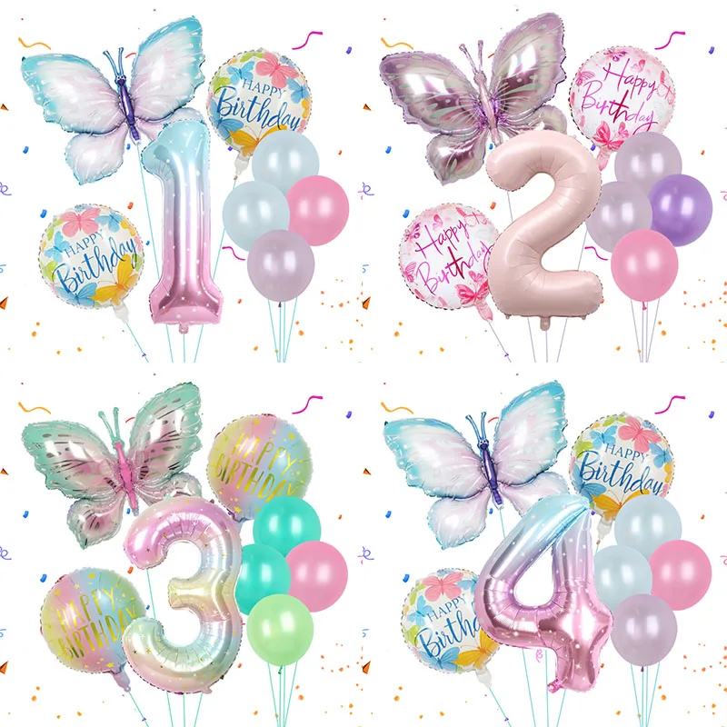 8 stücke Schmetterling Ballon Set 40 zoll Farbverlauf Bunte Nummer 1-9 Folie Ballon Fee Geburtstag Party Dekoration Baby dusche Liefert