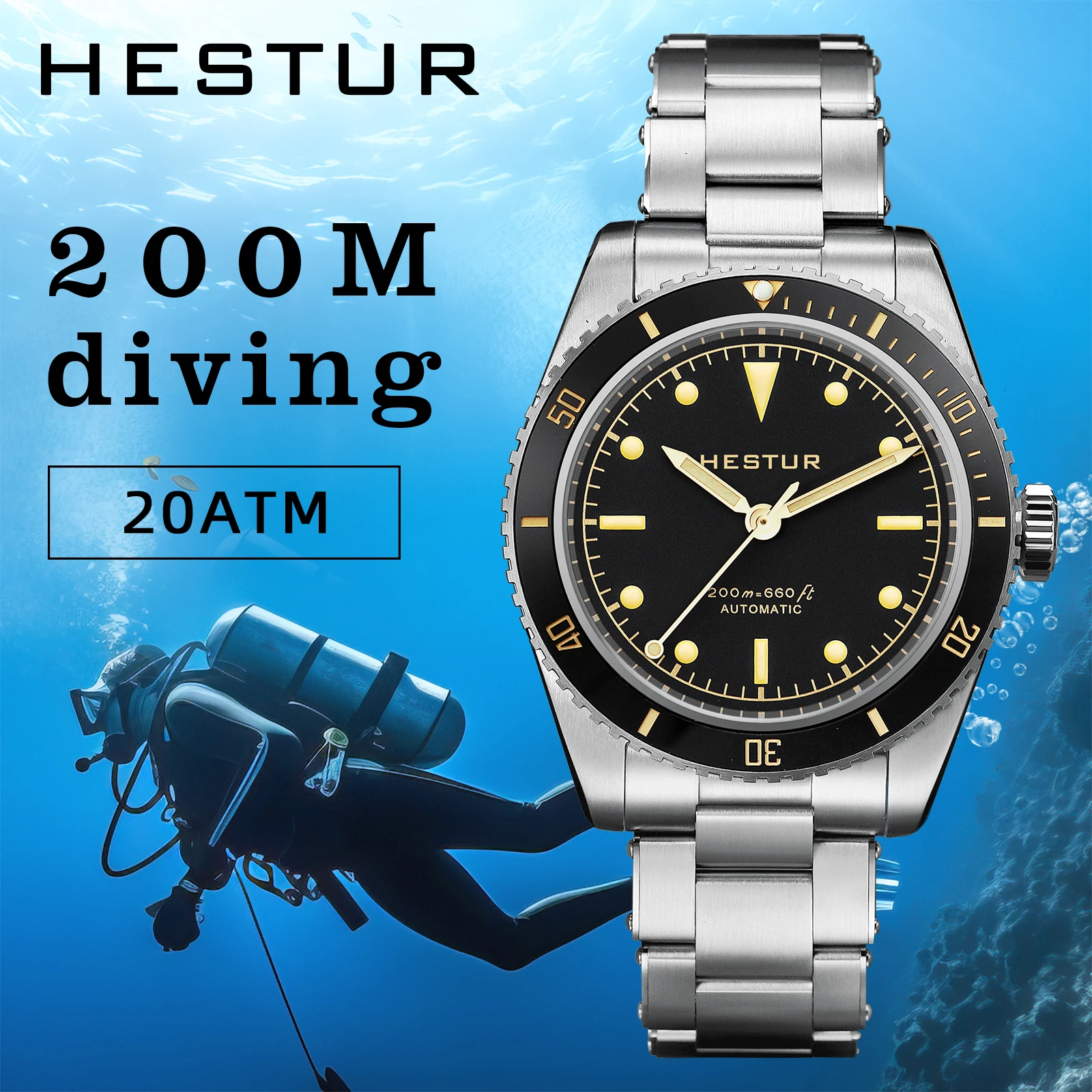 

Hestur Men's Luxury Diving Watch, Black C3 Luminous Dial, Ceramic Bezel, Retro Stainless Steel Automatic Mechanical Watch