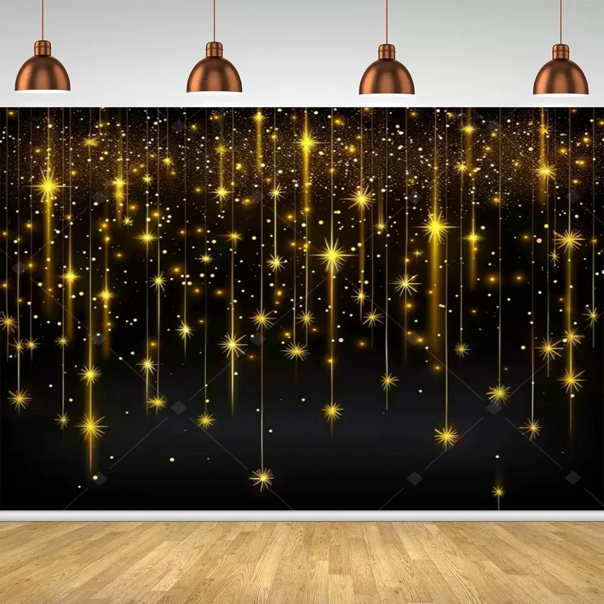 Schwarzgoldene schimmernde Bühnendekoration, sternförmiger schimmernder goldener Polka-Dot-Banner, geeignet für Geburtstags- und Hochzeitsfeiern. – Detail 7