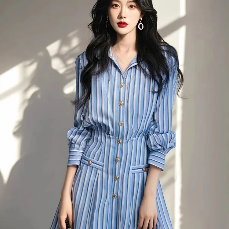 

Xiaoxiangfeng cold department chic skirt spring blue striped lapel long-sleeved shirt dress