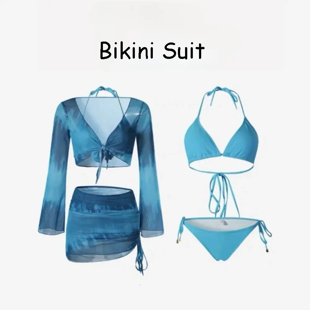 Sexy Tie Dye Mesh 4 Piece Bikini Set Sheer Mesh Bodycon Ruched Beach Bathing Suit Flared Long Sleeve Swimwear Set Summer