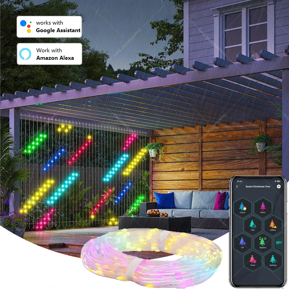 400LEDs Smart LED Curtain Lights with AI Google Assistant & Alexa Voice Control DIY LED String Lights for Window & Bedroom Decor