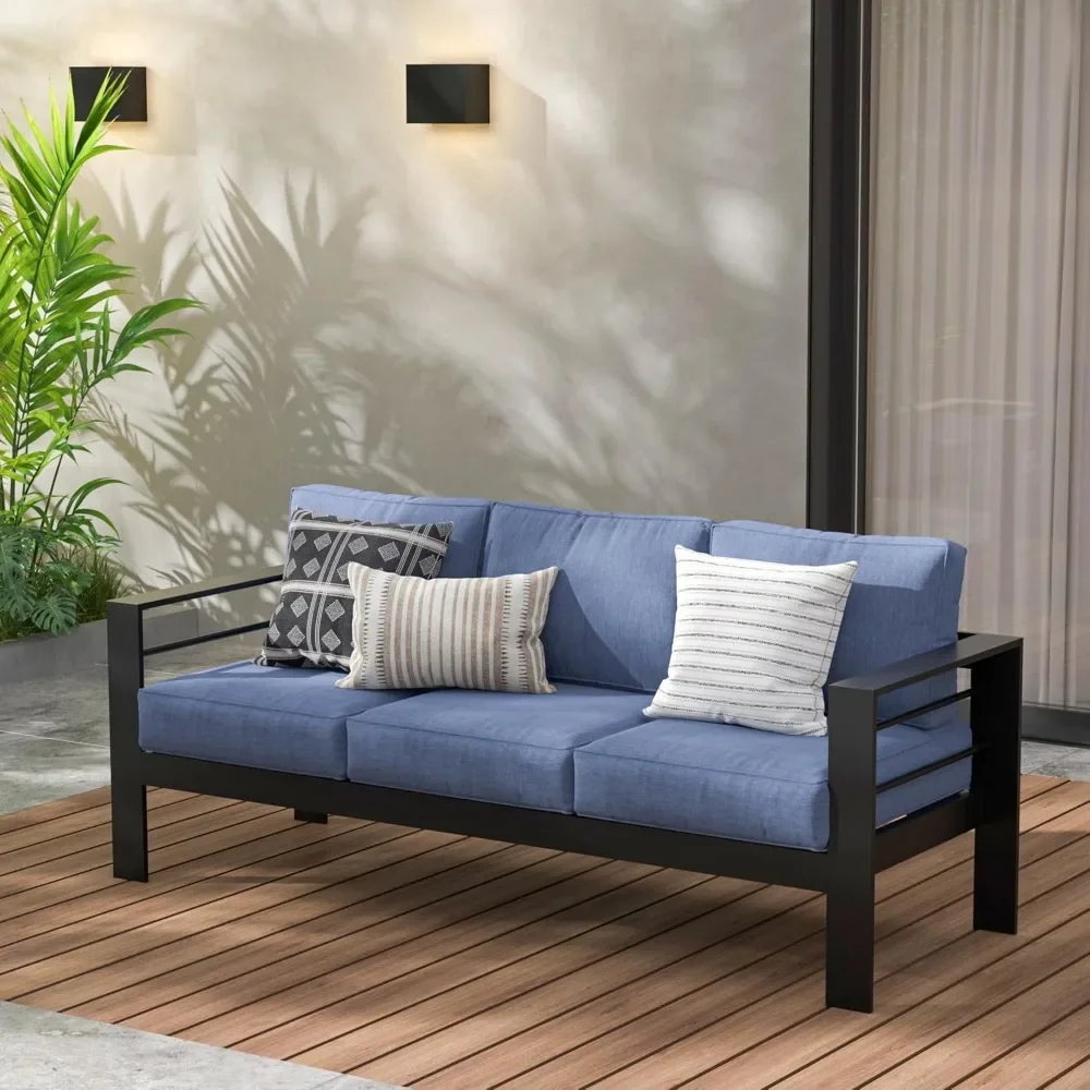 

Patio Furniture Aluminum Sofa Garden Furniture Outdoor All-Weather Outdoor 3 Seats Couch Black Metal Chair With Blue Cushions
