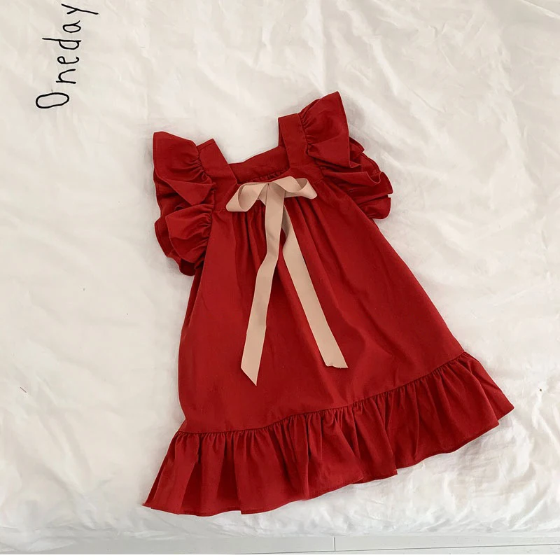 

2-7Years Old Girl's Dress Sweet Bow Square Neck Flying Sleeve Loose Long Dress New Summer Children's Red Princess Dresses 2025