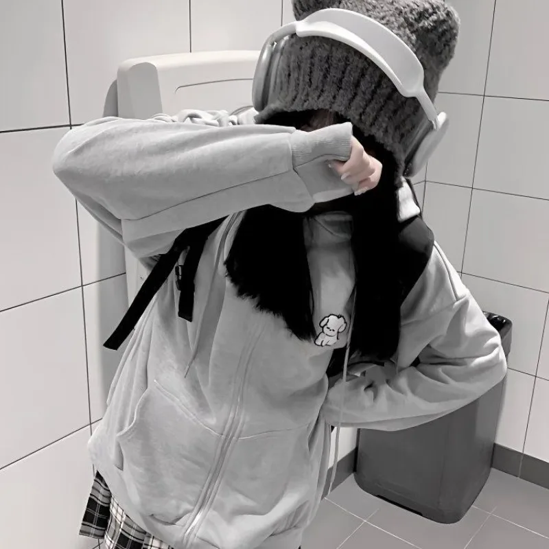 الشارع الشهير فتاة نمط Preppy مقنعين البلوز فضفاض الكلب المطرزة قلنسوة بسحاب الخريف الشتاء سترة بأكمام طويلة بلوزات فضفاضة