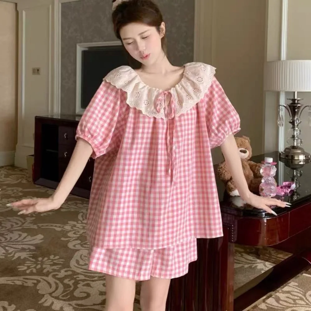 

Lace Ruffle Lace Grid Pajama Suit Round Neck Loose Shorts Camisole Nightwear Short Sleeve Women Homewear