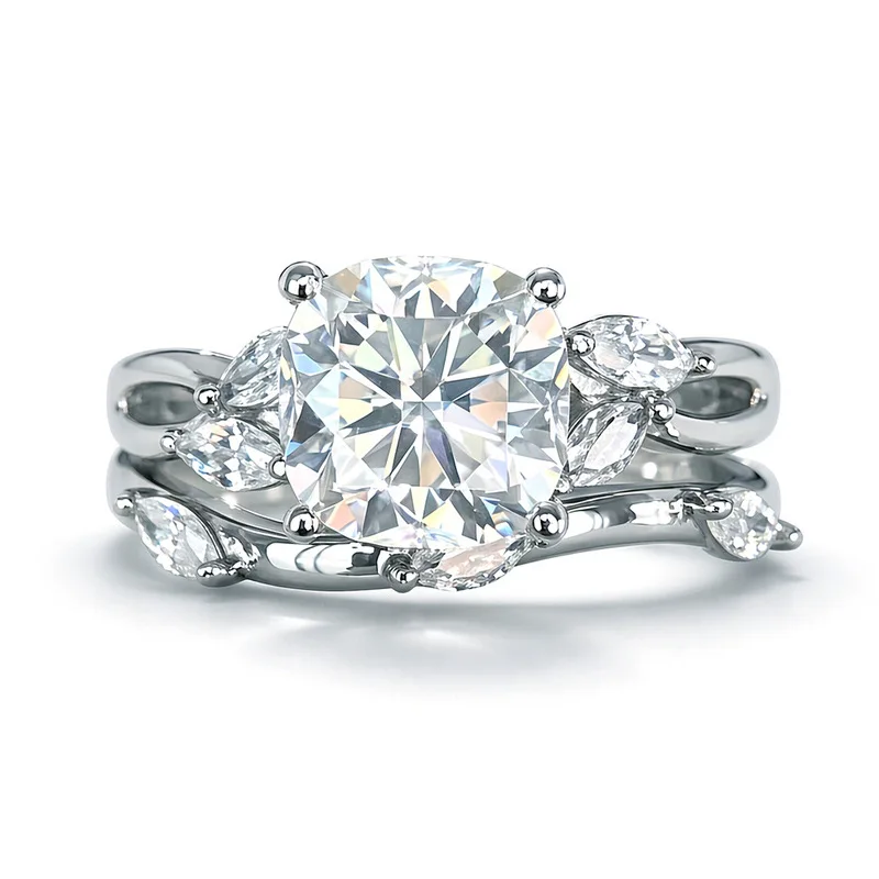 2.5ct 8*8mm cushion cut Moissanite two-piece ring set light luxury style S925 Silver vine couple ring  women's jewelry