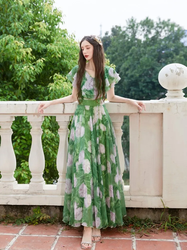 A new fashionable green long skirt with hemline reaching the ankles