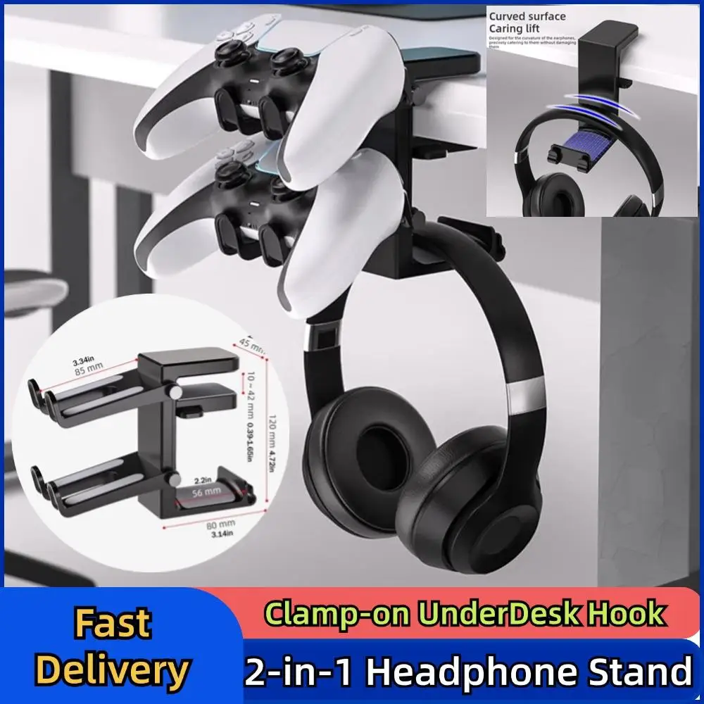 2-in-1 Headphone Stand For Desk Adjustable Clamp-on UnderDesk Hook Earphone Stand Clip For Computer Desktop Headset