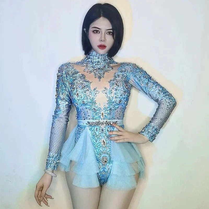 Body de encaje con diamantes de imitación brillantes para mujer, traje de baile en barra de manga larga, traje de Gogo, traje de baile de Jazz, ropa puesta en escena