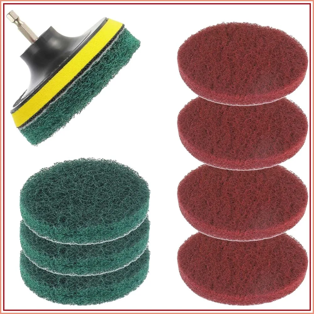 

4-Inch Scrub Drill Brush Set: Power Scouring Pads for Kitchen & Bathroom Cleaning with 4 Red & 4 Green Pads, 1 Drill Attachment & 1 Universal Shaft