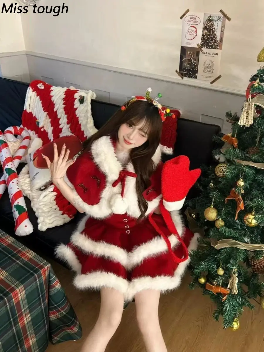 Merry Christmas Japanese Gothic Lolita Women 2 Pieces Set Fur Cloak Coat + Slim Fit Thicken Dress Harajuku Party Vintage Outfits - view 5