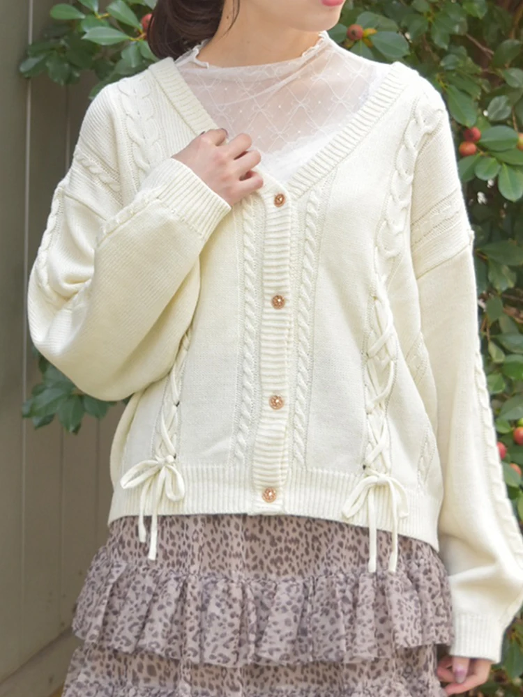 

Ele Daily Knitted Open Cardigan with Twist Knot Crossed Strap Ribbed Fabric by Axes Femme Soft Breathable Ladieswear