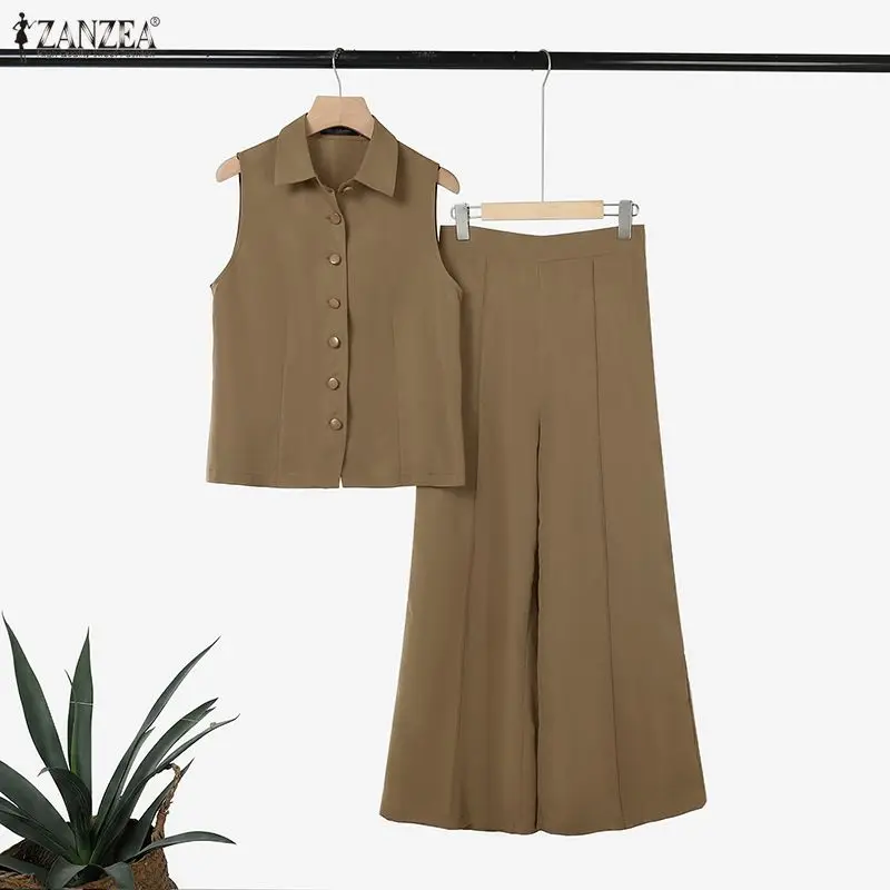 2026 ZANZEA Sommer-Hosenanzug für Damen, OL-Arbeitsoutfit, V-Ausschnitt, ärmelloses Hemd, Hosen-Set, einfarbiger Trainingsanzug, lässiges 2-teiliges Set