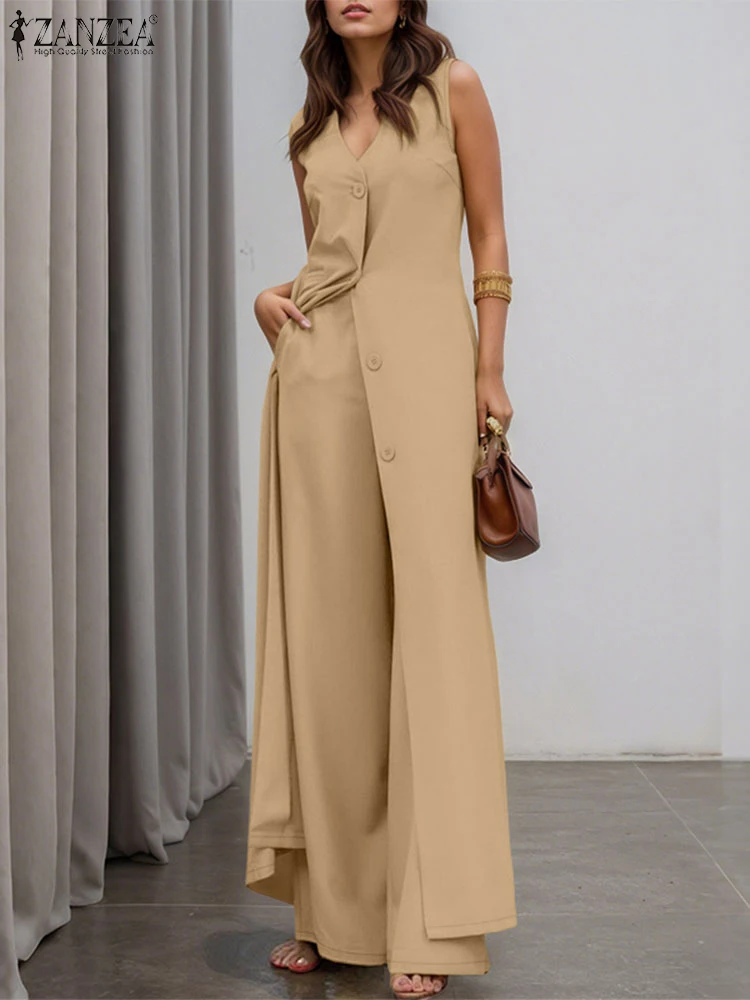 

ZANZEA 2025 Summer Sleeveless Long Tops Pant Sets Street Fashion Women Commute Solid Wide Leg Pants 2PCS Outfits 2 Piece Sets