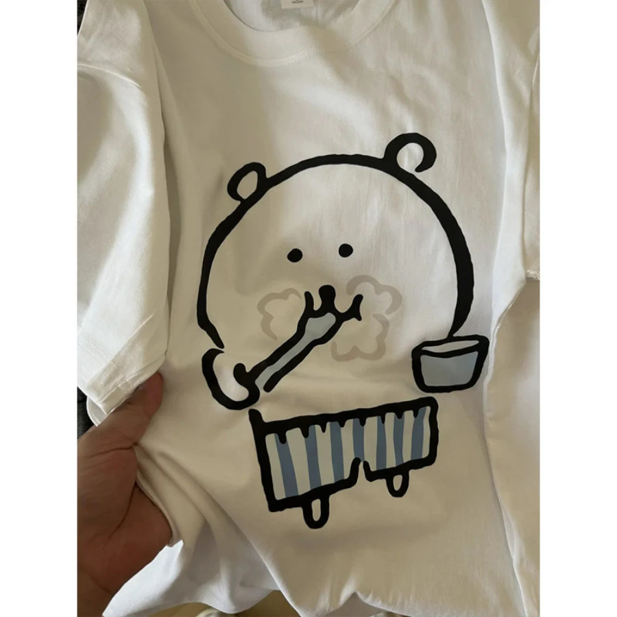 Pure cotton Japanese style self-deprecating bear short-sleeved T-shirt for men and women Trendy Brand, Loose Fit, Pure Cotton