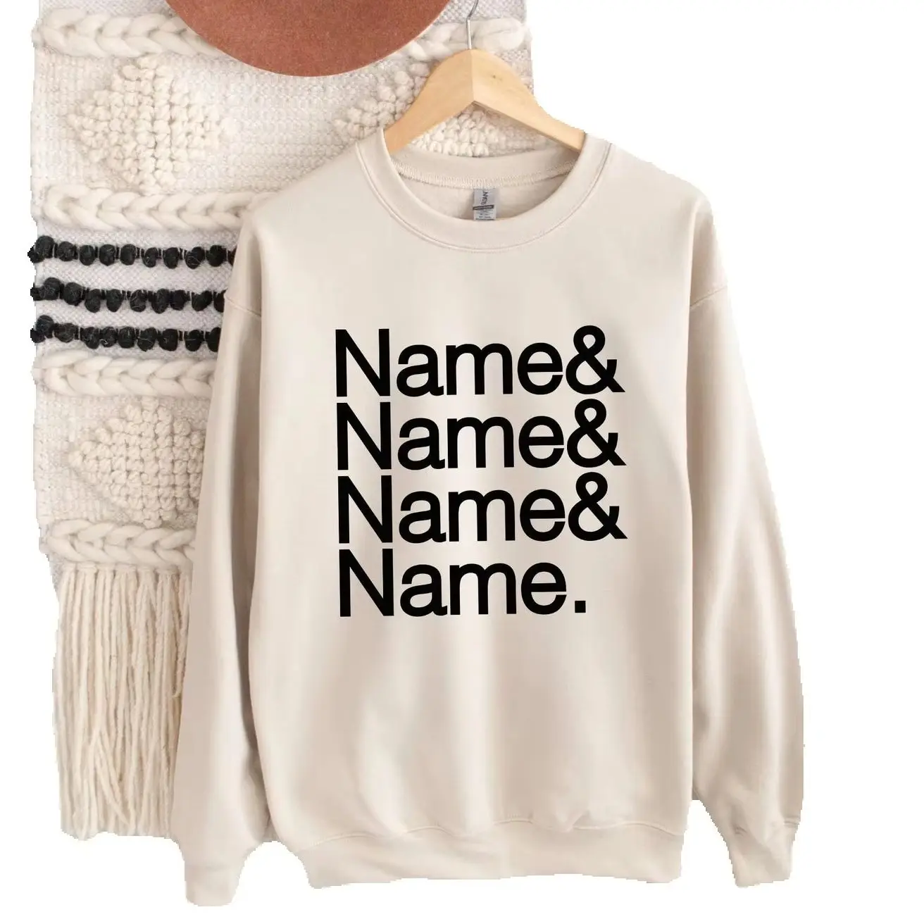 

Custom Text on the Neck and Names on the Sleeve Sweatshirt Women Personalized Name List front Sweatshirt Birtyday Unique Gifts