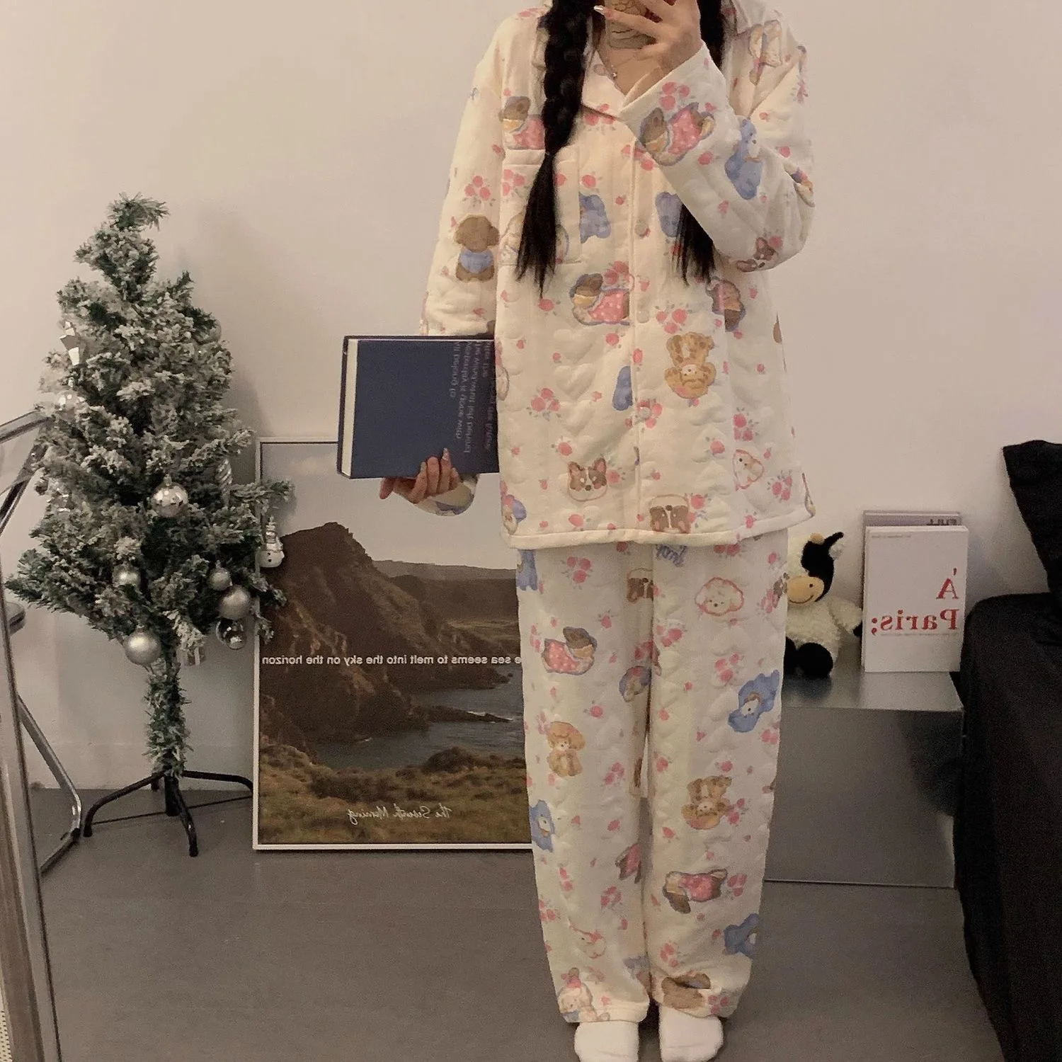 Kawaii Dog Printed Nightwear Women Pajamas Sets Winter Warm Quilting Knitted Cotton Sleepwear Soft Long Sleeves Button Pyjama