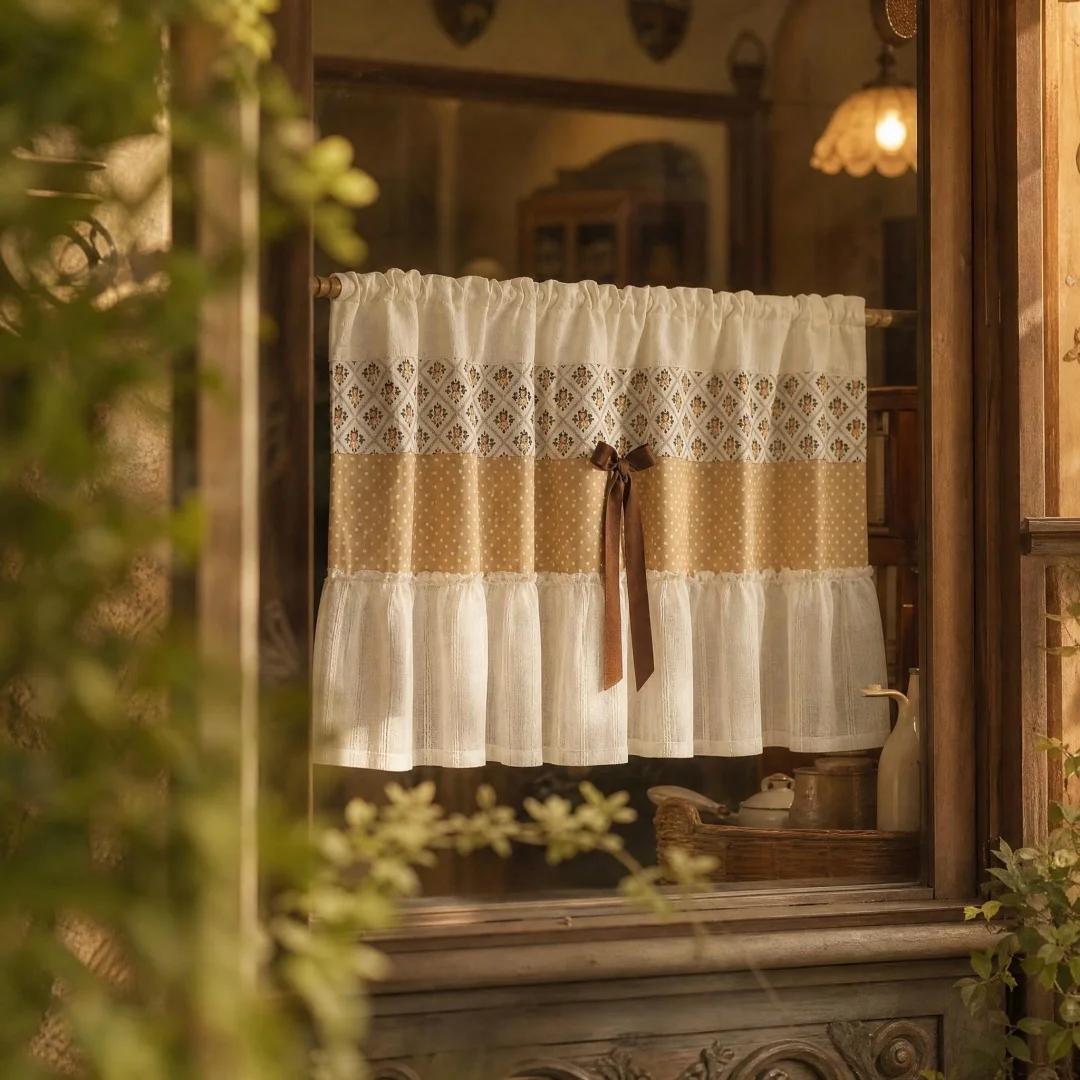 Rose polka dots ~ exquisite color matching linen half curtain door curtain opaque French elegant partition curtain