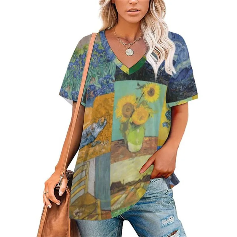 New Van Gogh T Shirts Almond Tree Floral Print Street Women V Neck T Shirt Short Sleeve Vintage Oversized Tees Summer Loose Tops