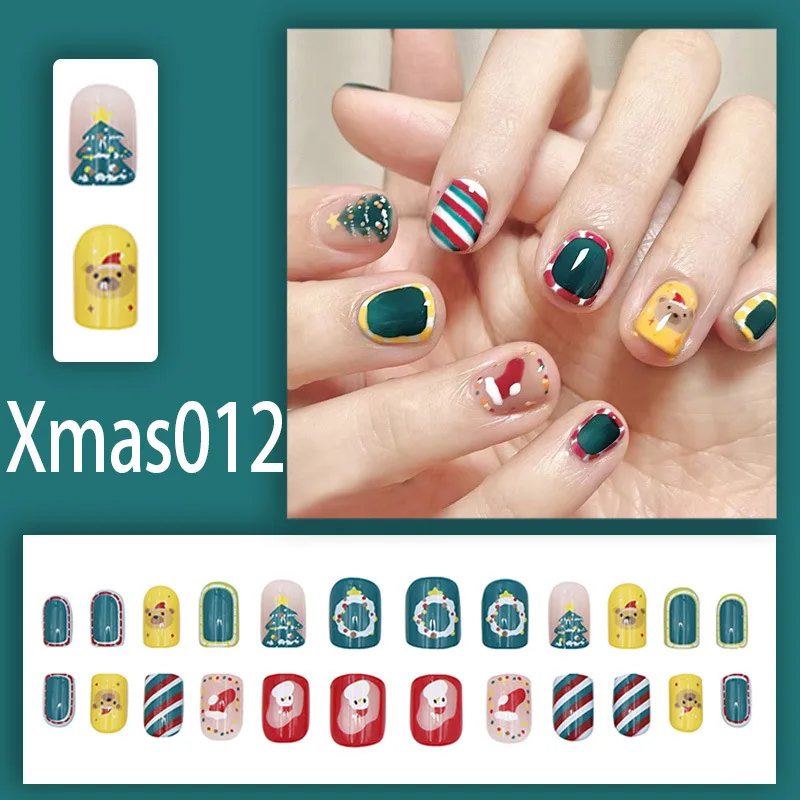 

24pcs Christmas Press-On Nails Christmas White and Colorful Striped Candy Color Fake Nail Removable Wearable False Nail Art