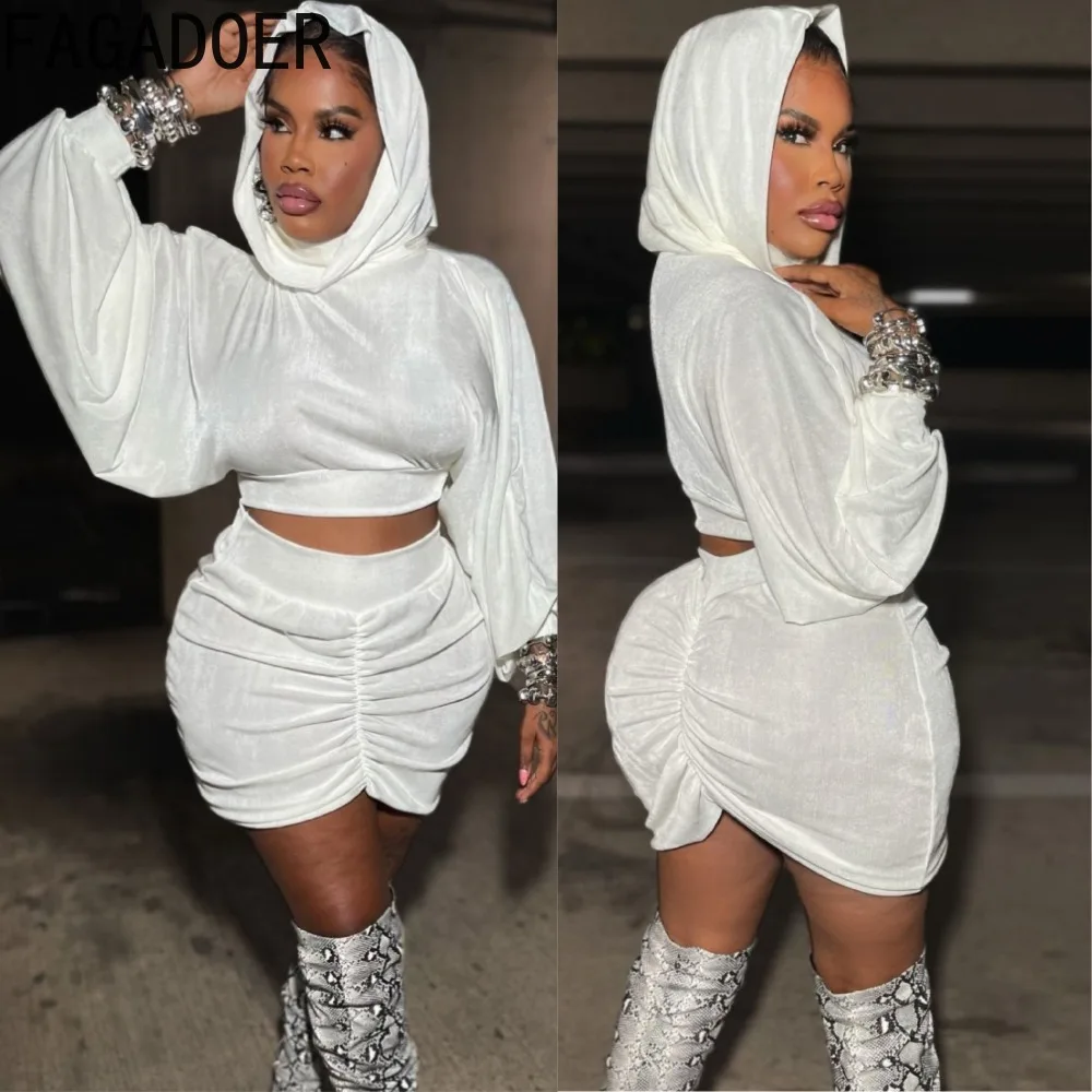 

FAGADOER Spring New Fashion 2 Piece Sets Women Outfit Lantern Sleeve Hooded Pullover Crop Top + Ruched Bodycon Mini Skirts Suit