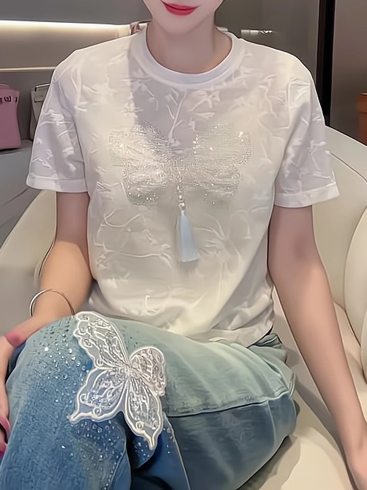 

Новая летняя женская футболка 2025 года в китайском стиле с богатой отделкой, универсальный повседневный топ высокого качества