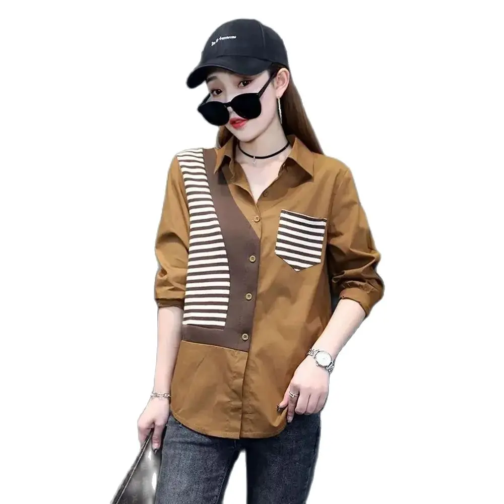 

Stripe Stitching Long-sleeved Shirt Women Spring And Autumn Clothes 2024 New Loose Design Sense Niche Fashion Shirt Women