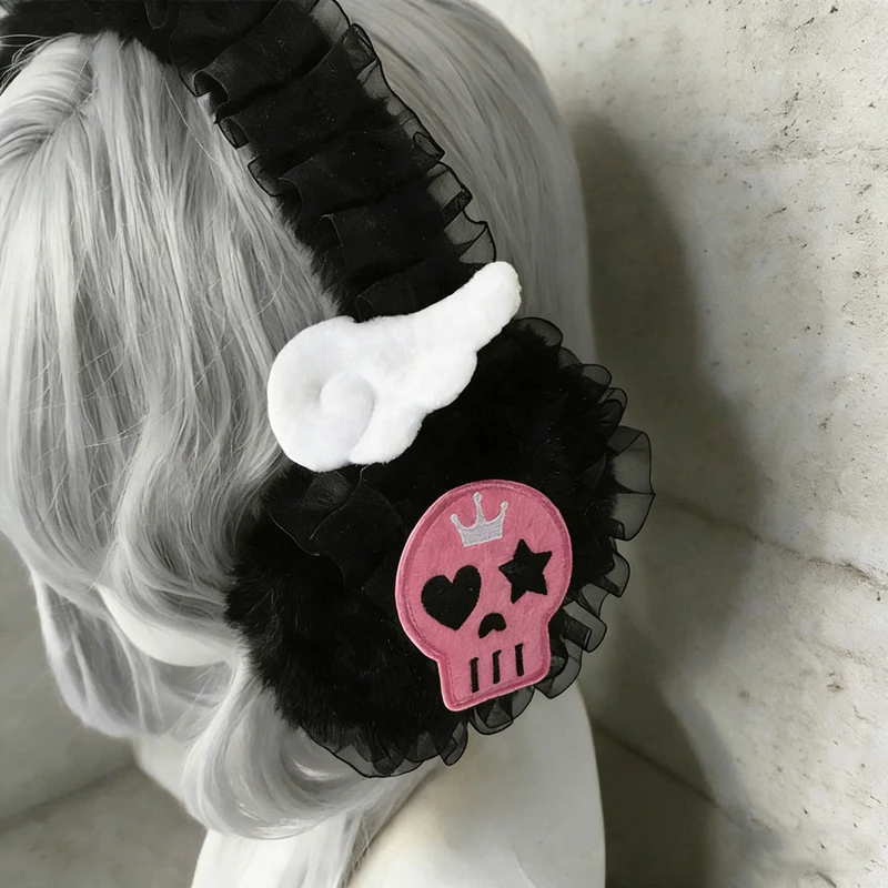 women-original-handmade-japanese-y2k-girl-bandage-lace-ruffle-earmuff-gothic-headband-dark-lolita-warm-earmuffs-hair-accessories