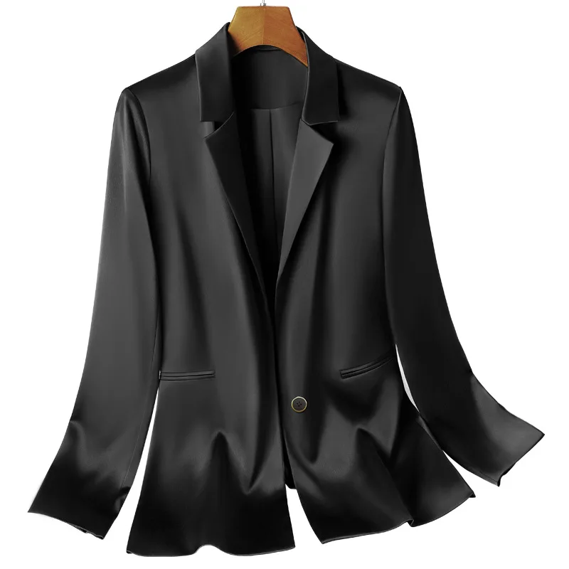 Niche Designer Imported Triacetate Satin Blazers Small Suit Coat Women\'s Spring and Autumn New Silky Texture Silk OL Coat