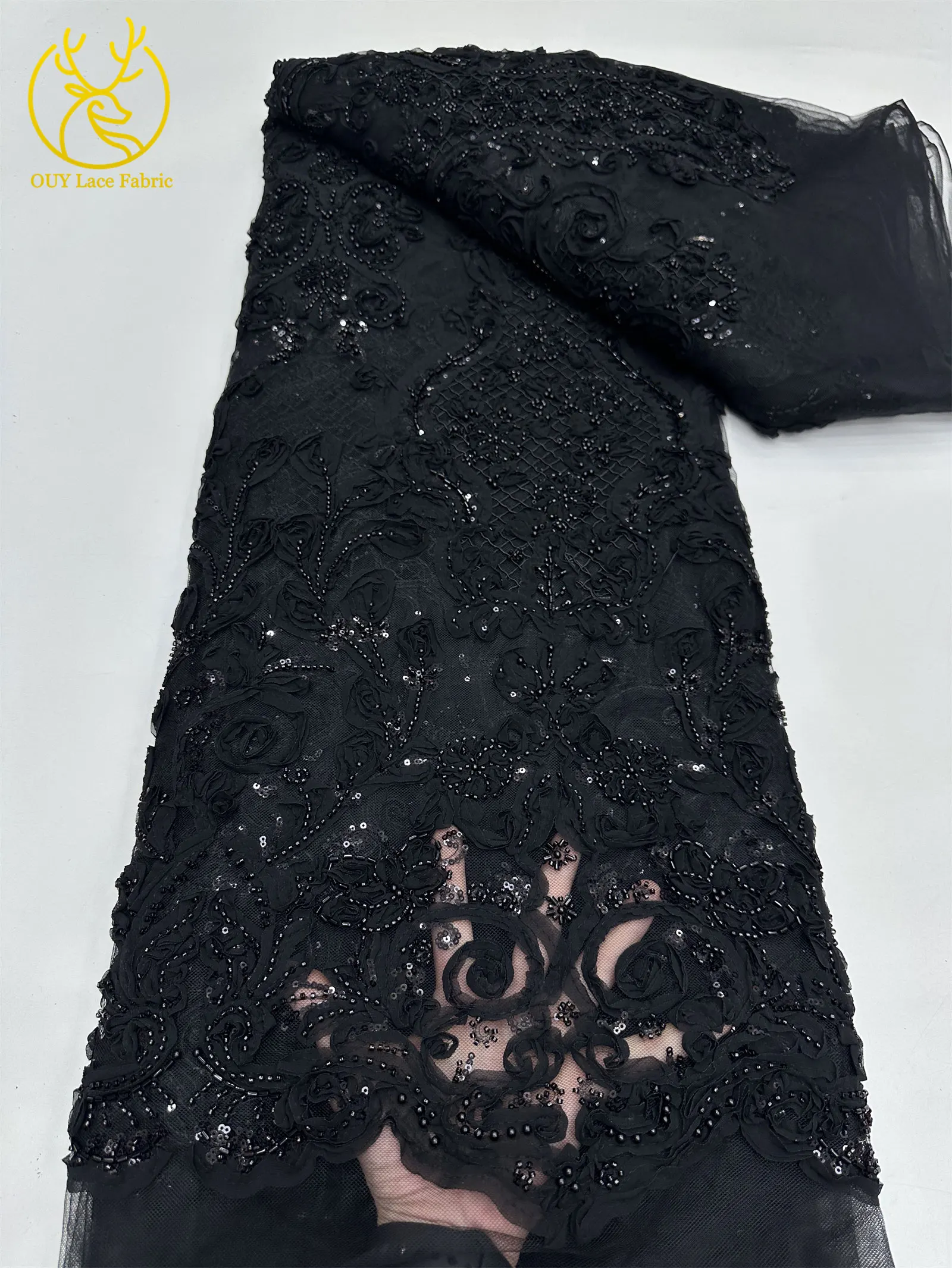 3D Afrikanischer Perlen-Spitzenstoff Schwarz Rot Luxuriöser Hochwertiger Französischer Pailletten-Tüll für Damen Abendkleid DIY Nähen 5 Yards – Detail 16