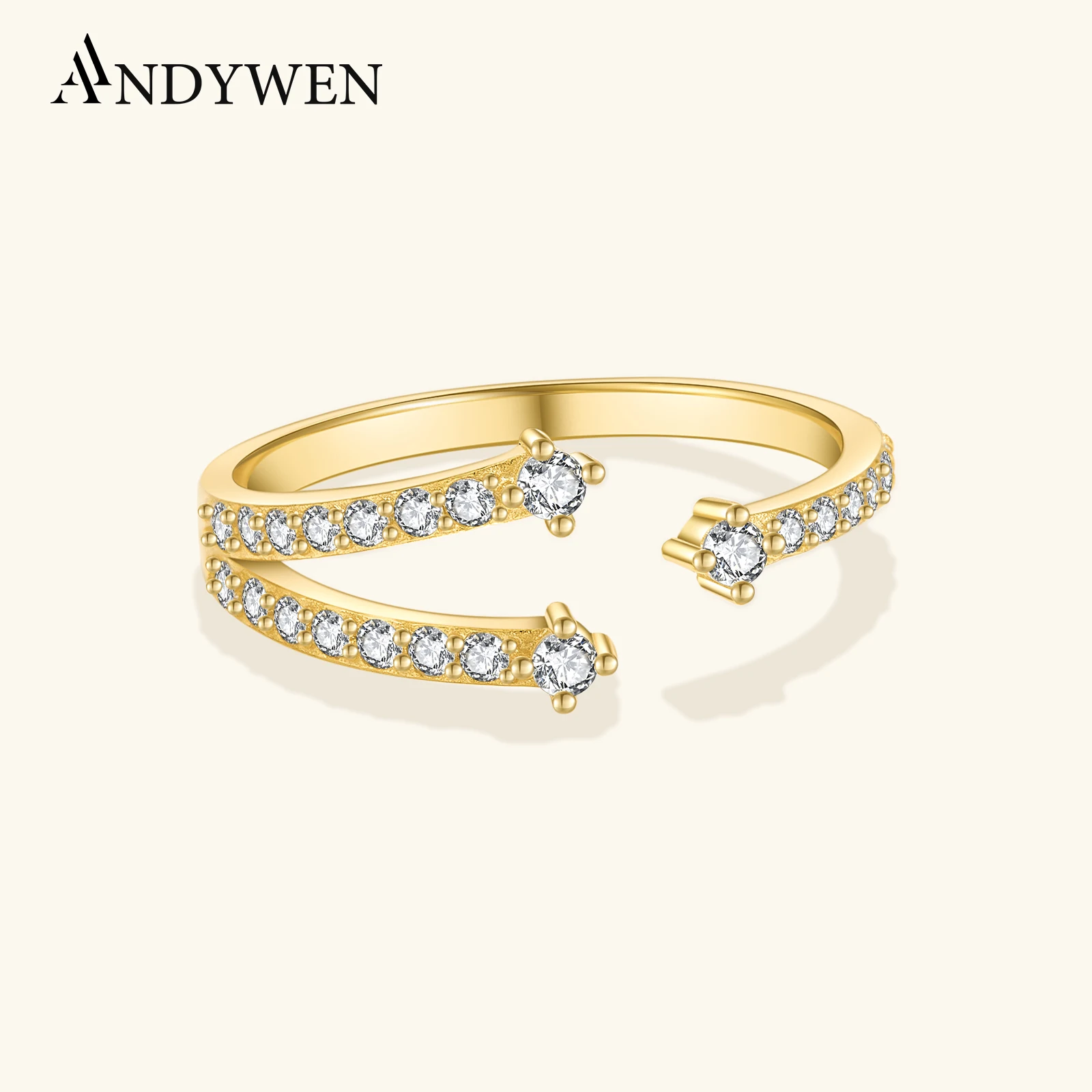 

ANDYWEN 925 Sterling Silver Gold Three Line SISI Ring Flower Regular Geometric Luxury Shiny Jewels Women Wedding Jewelry Gift