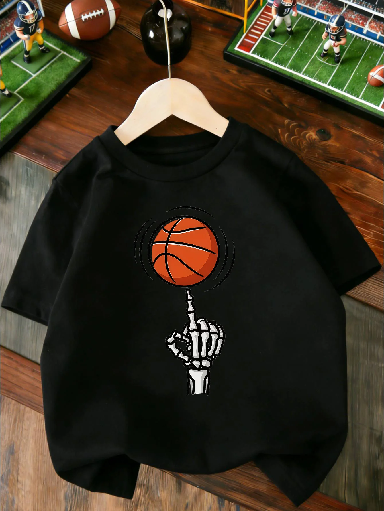 Skeleton Hand Spinning Basketball Cartoon Print T Shirt Boys Girls Lovely Short Sleeve Tee Family Matching Kids Cotton Tops