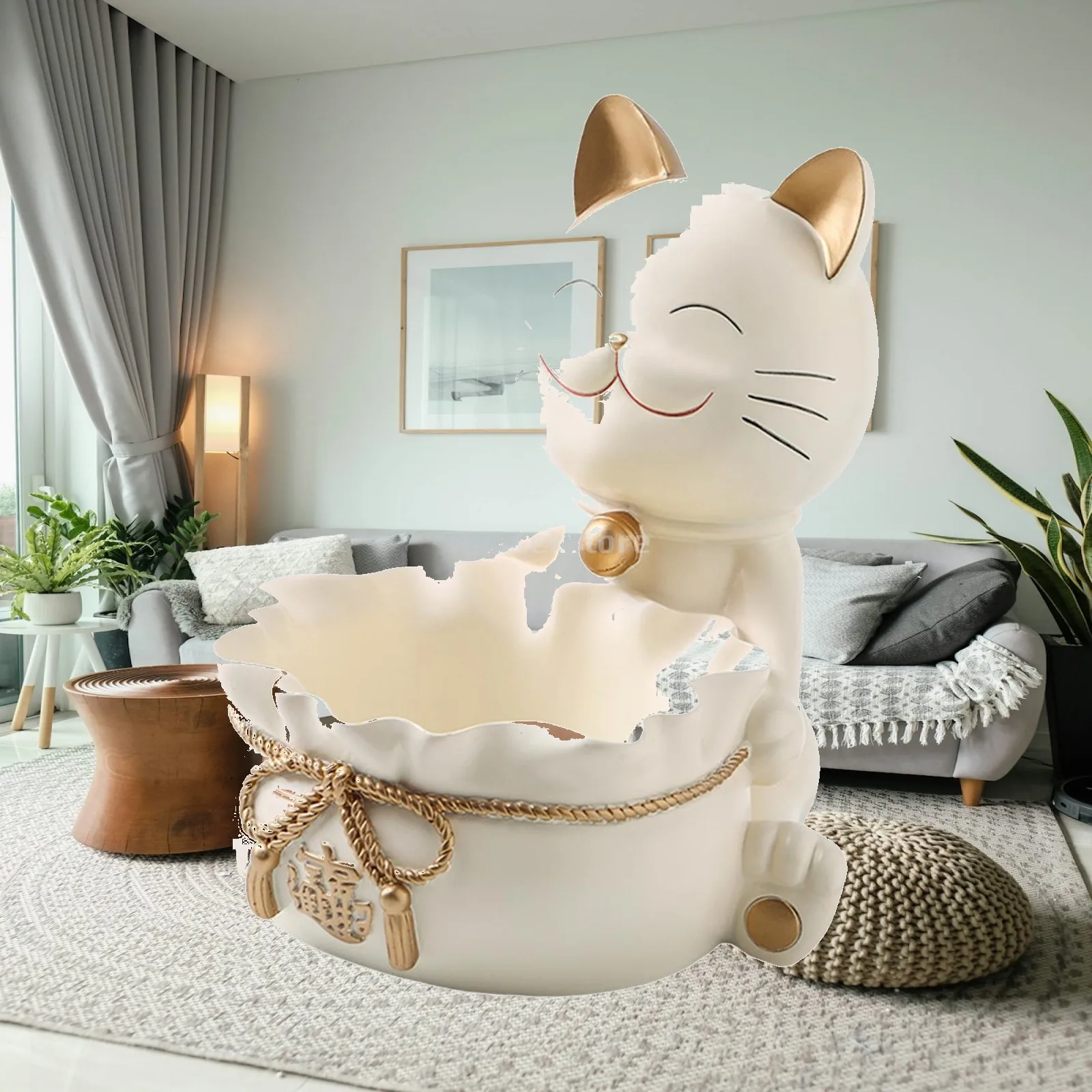 Japanese Style Resin Cat Statue with Tray Storage Box Decorative Candy Bowl for Living Room Table Decor