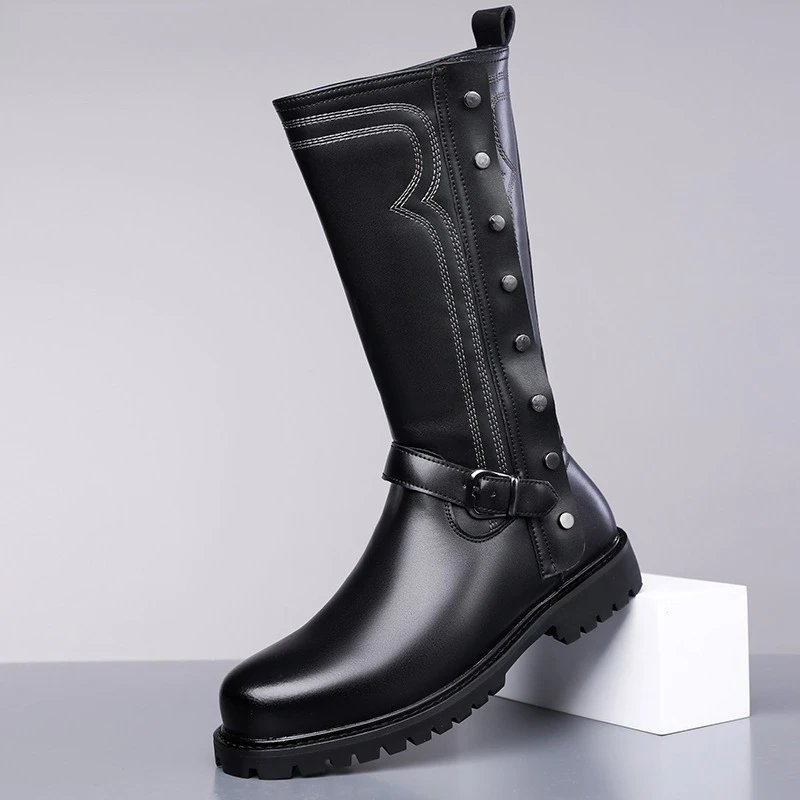 

2025 New Men Motorcycle Boots Fashion Concise Chelsea Boots Rivet Punk Motorcycle Boots Comfortable High Top Casual Shoes