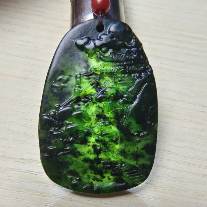 

Natural Medicine King Stone Landscape Pendant Dark Green Jade Landscape Necklace Shunfeng Shunshui Brand Couple