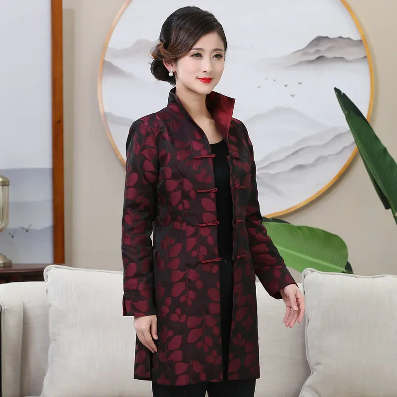 Elegant Women's Cheongsam Jacket Red Blue Jacquard Textured Coat Side Slits Frog Buttons Design Outerwear Elegant Clothes Lady