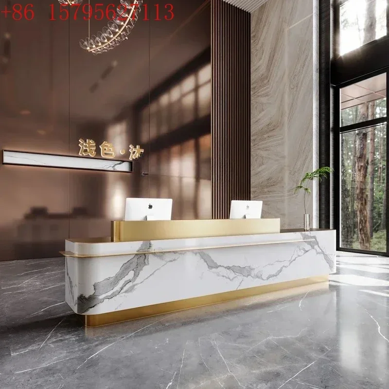 02 Light luxury hotel reception desk beauty salon imitation marble rock slab cashier counter