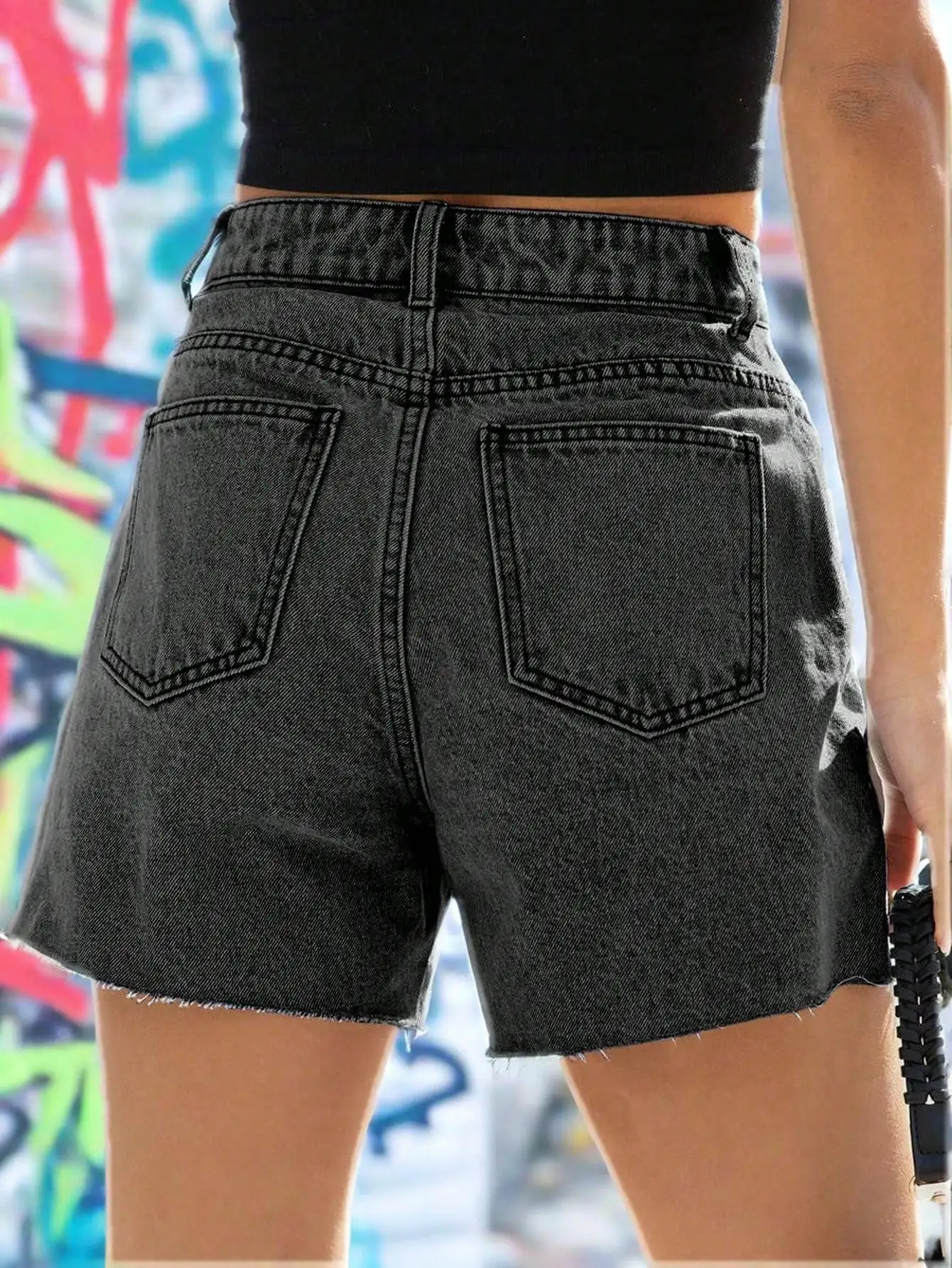 Women's streetwear denim shorts with elegant straight leg - button and zipper closure, functional pockets, suitable for women's