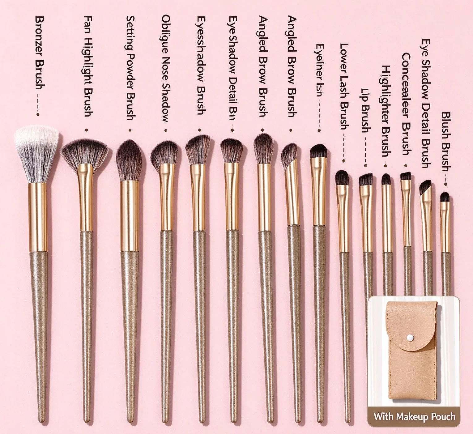 15Pcs Makeup Brushes Set Soft Synthetic Hair Eyeshadow Highlight Brush Professional Cosmetic Brush Kit for Beginners No Powder A