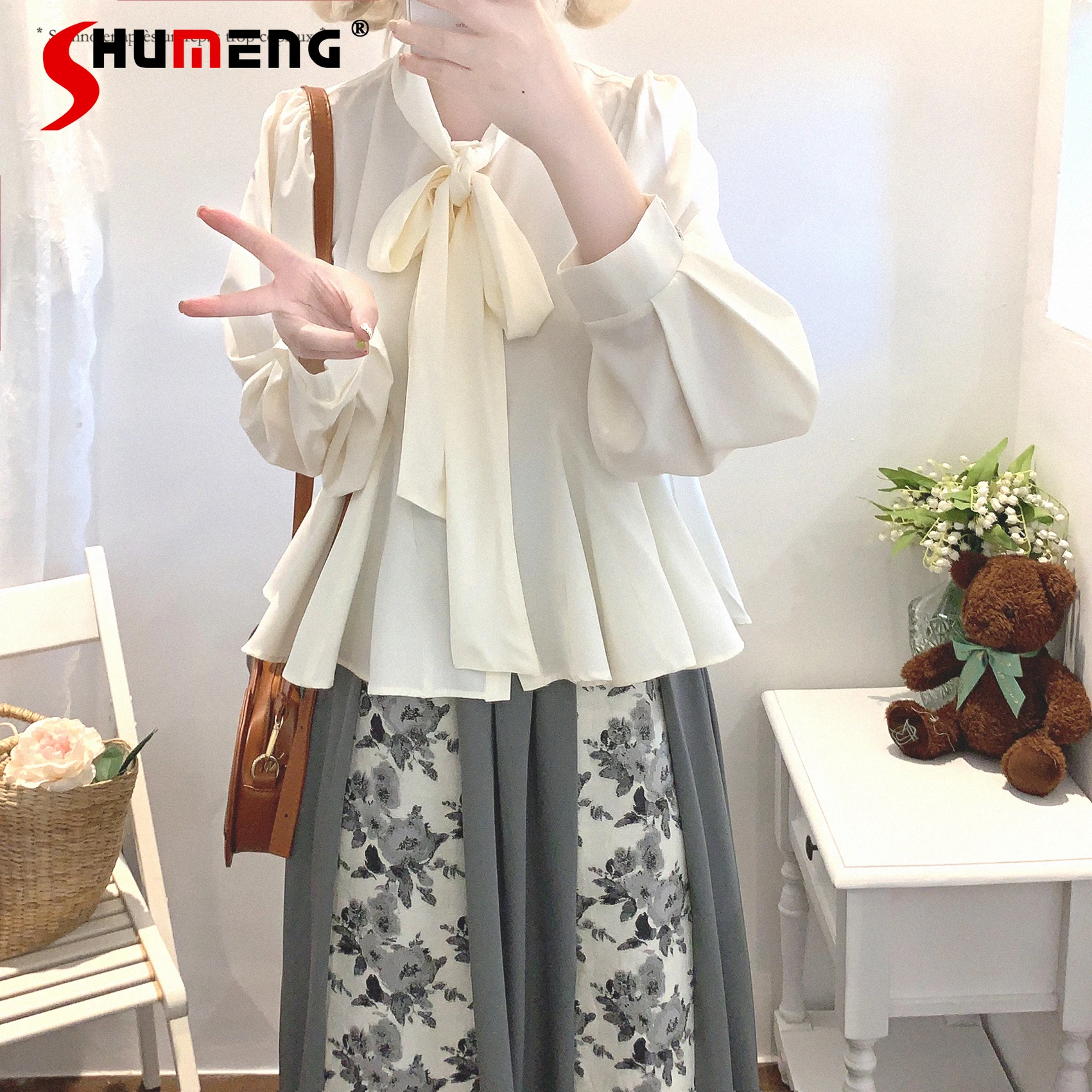 

Japanese Elegant Sweet Versatile Retro Blouse Lace-up Bow Long-sleeved Single-breasted Loose Casual Shirts Tops For Women Summer