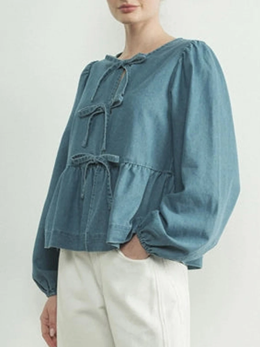 Women s Stylish Fall Denim Blouse with Long Sleeves and Round Neckline Featuring a Solid Color and Tie-Front Detail for a Chic