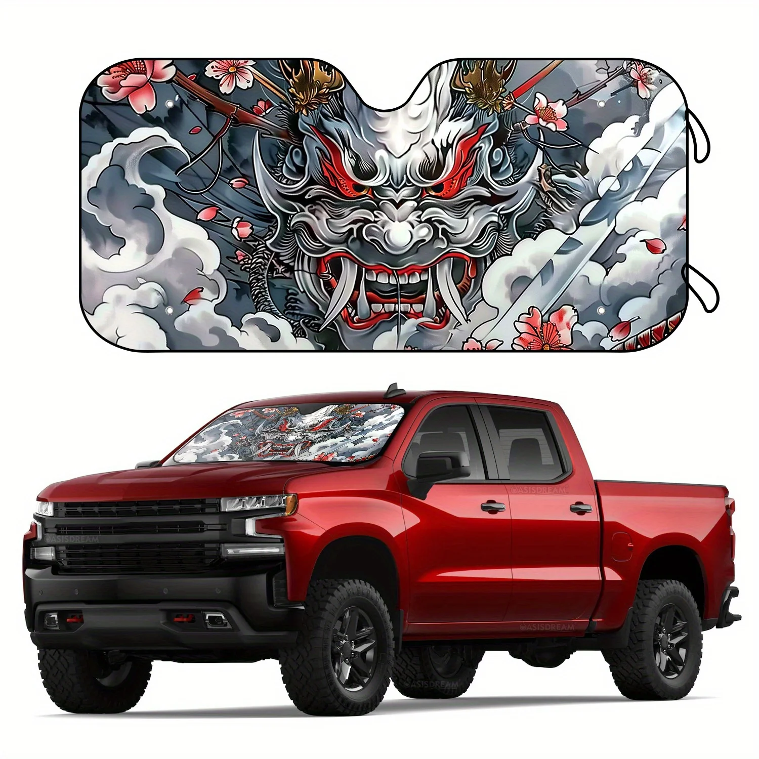 

57x27.5 Inches Durable Material Japanese Oni Mask Windshield Sunshade Cover With Suction Cups – UV Protection, Heat Blocking, Un