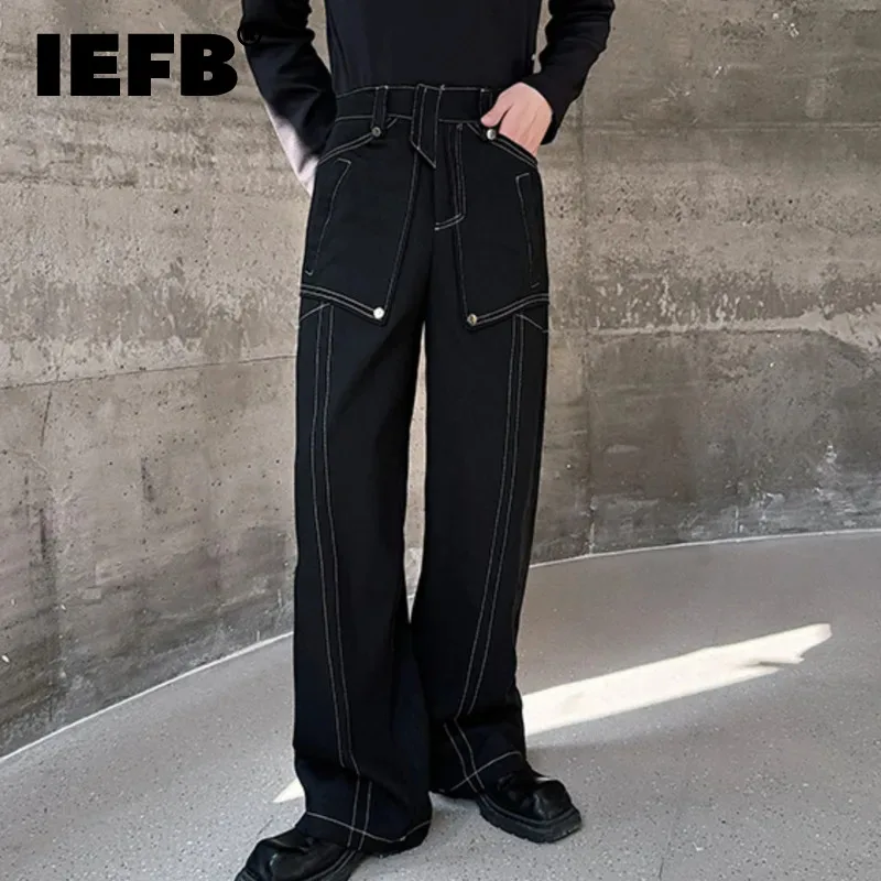 

IEFB New Casual Trousers Stylish Personalized Metal Solid Color Male Straight Leg Pants Loose 2024 Pocket Dark Style 9C5277