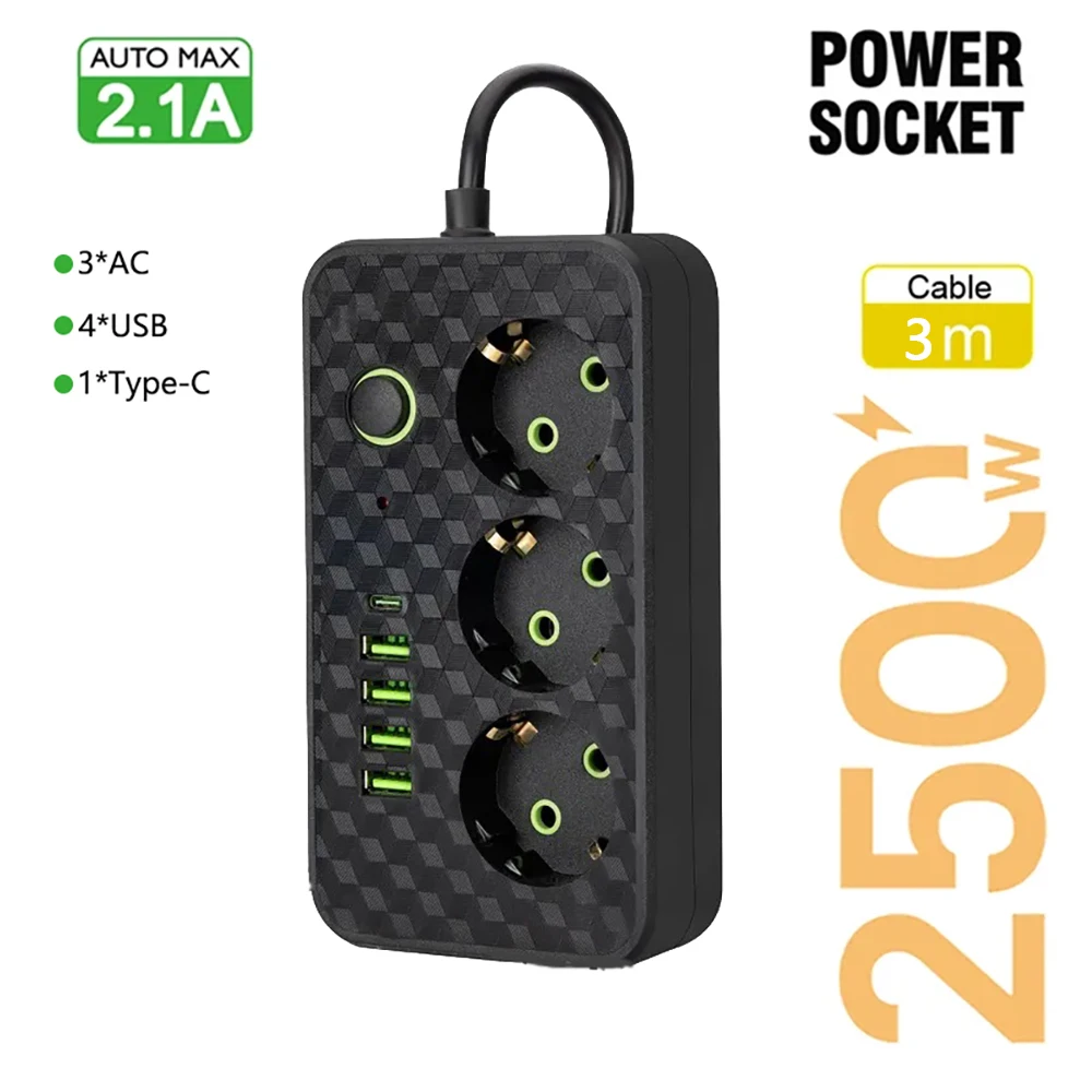 EU-stekker en stopcontact 4 stopcontacten, multi-stekker stopcontact en stopcontact zonder verlengkabel of USB- en Type-C-poort