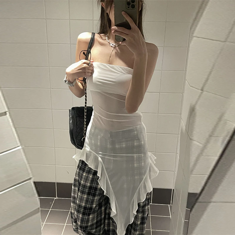 Korean Chic Spring French Sexy Off Shoulder Slim Fit Patchwork Double-layer Ruffled Edge Strapless Vest for Women