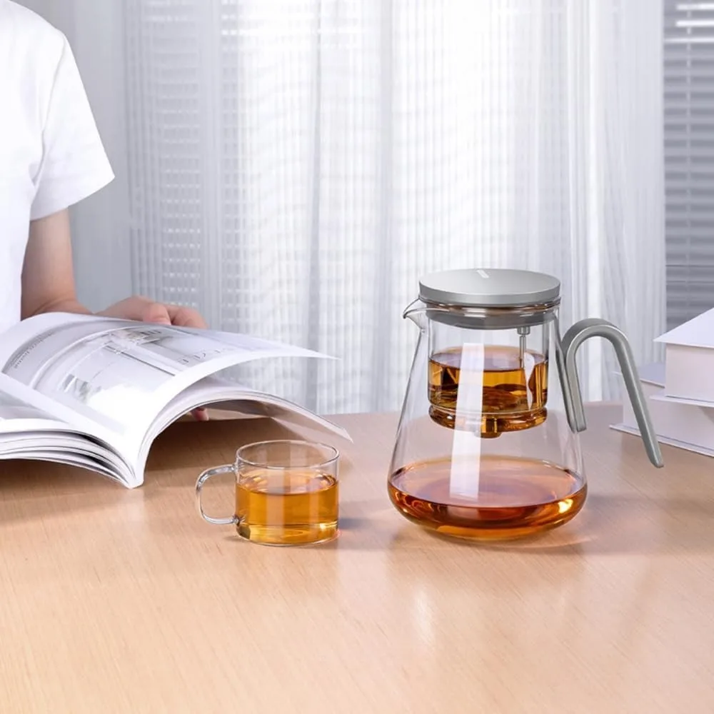 Bild 3: 800ml Hitzebeständige Glas-Teekanne mit Innovativem Deckel-Design, Borosilikat-Teekanne, Einhändige Brühsteuerung, Schwarzer Griff