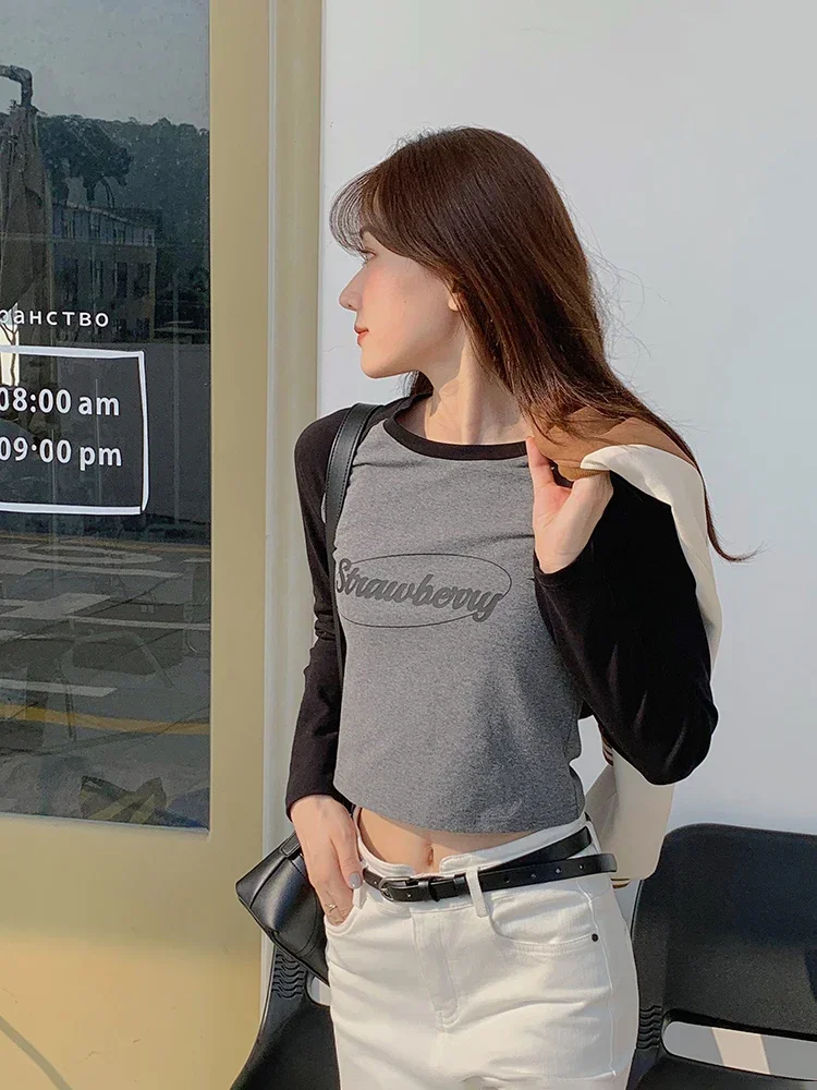 Women Casual Chic T-shirt Color Blocked Letters Printed Round Neck Long Sleeved Cropped Woman Tops Ladies Clothing Autumn Spring