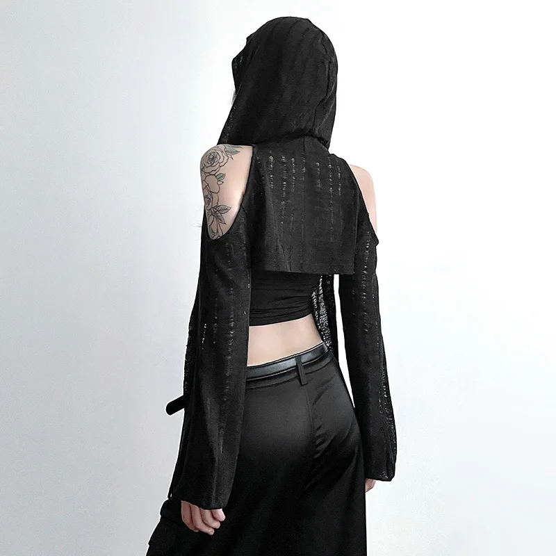 Goth Dark Open Shoulder Techwear Y2k Crop Cardigans Mall Gothic Hooded Sexy Women Crop Tops Punk Grunge Buckle Streetwear Shirts